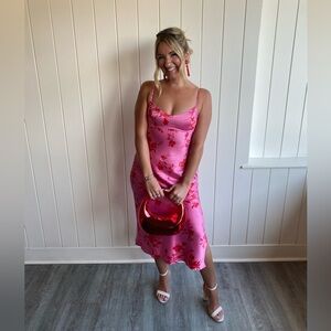 Glamorous Efforts Hot Pink Floral Print Tie-Back Midi Dress